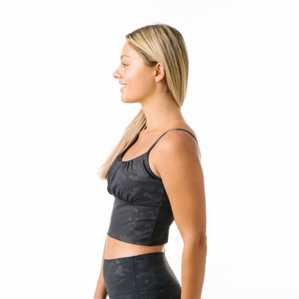 Zyia Gray Battleship Camouflage Luxe Rouched Crop Top